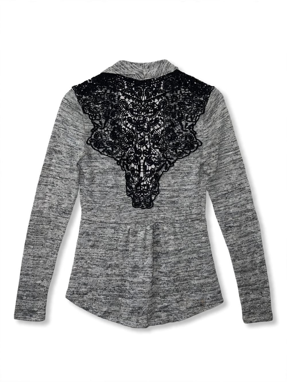Tempted Gray Lace-Back Open Cardigan Size S - Boho Peplum Drape - Picture 3 of 5